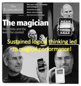 Steve Jobs creation through creative destruction, distilling from sustained logical thinking of reinventing user experiences by leveraging technology possibilities, led to showing magical innovation performance.